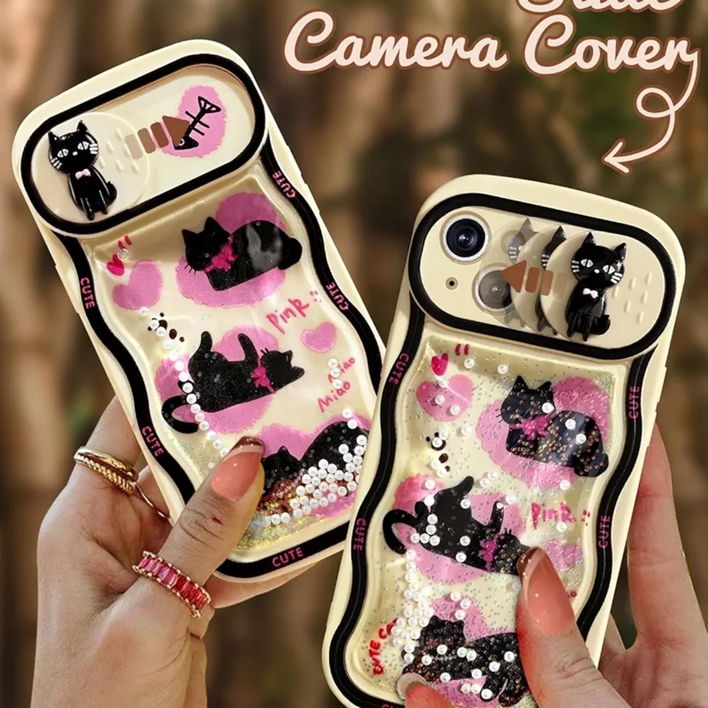 Cute Cat Design iPhone 15 Case with Slide Camera Cover - Black and Pink